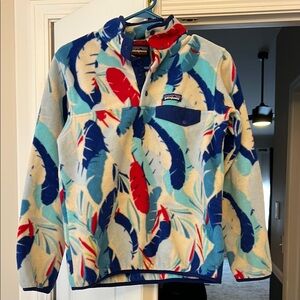 Patagonia Blue and Red Sweater with Fleece Material and Quarter-Zip Design